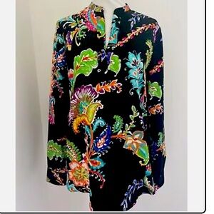 LAUREN Ralph Lauren Botanical Print Black Popover Tunic Top
